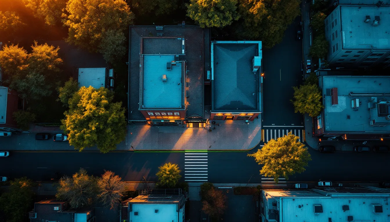 Aerial view of the Railroad Avenue block where Thornwood's office sits