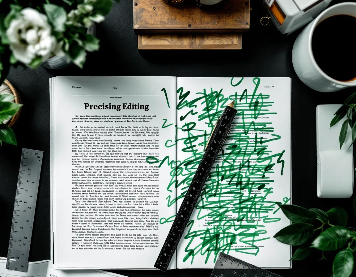 Top-down view of a marked-up article draft